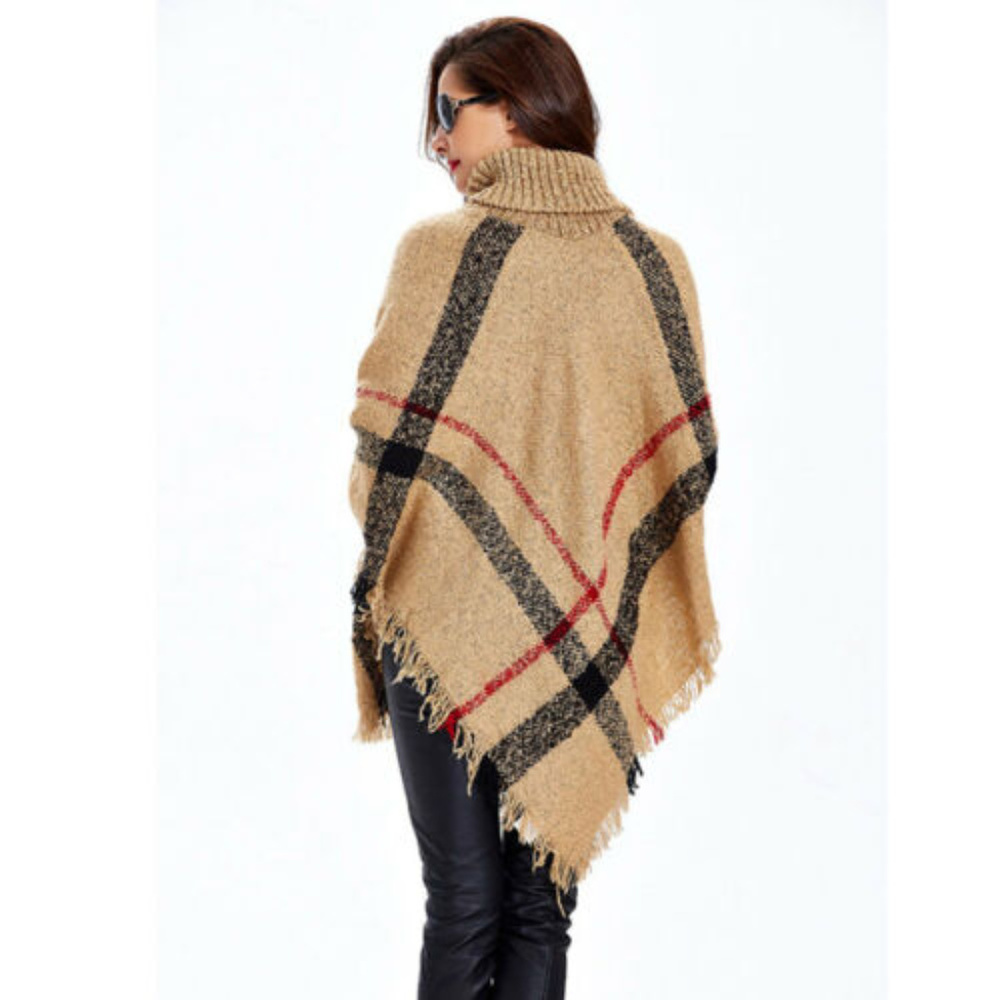 Plaid Poncho Sweater with Turtle Neck ONE SIZE - Picture 4 of 4